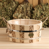 Шайка-таз из липы, 10 л, круглая, пластиковая вставка,  ручка-веревка