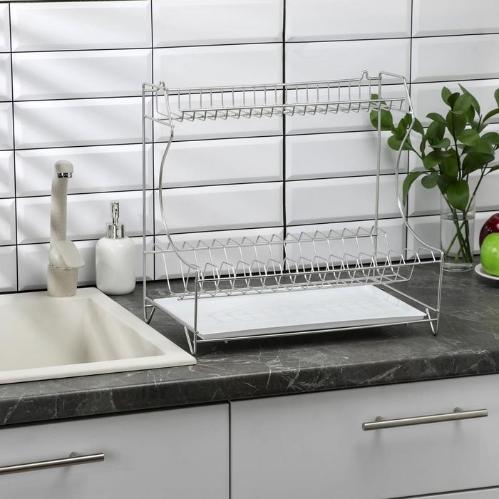 Сушилка для посуды с поддоном 2-х ярусная, настольно-настенная, 39,5&times;25&times;38 см, цвет хром