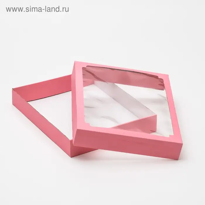 Коробка сборная, крышка-дно, с окном, розовая, 26 х 21 х 4 см