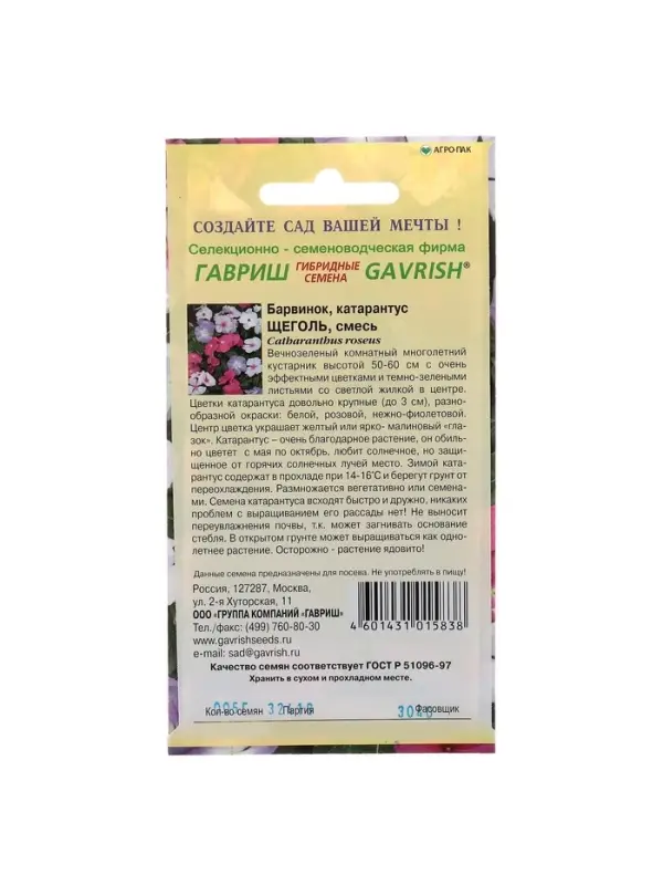 Набор семян комнатных Барвинок "Щеголь",  5 шт.