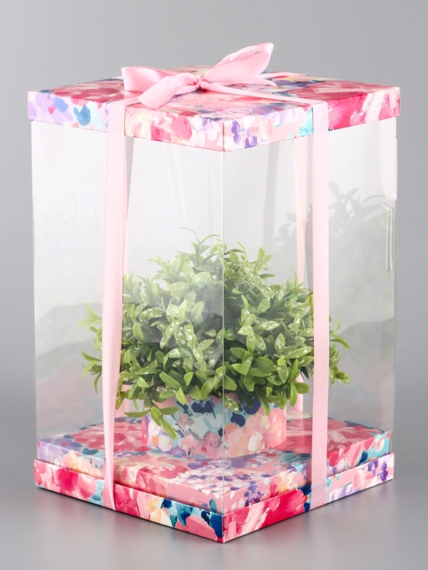 Коробка PVC, для цветов с лентой, 28 х 18 х 18 см, розовый