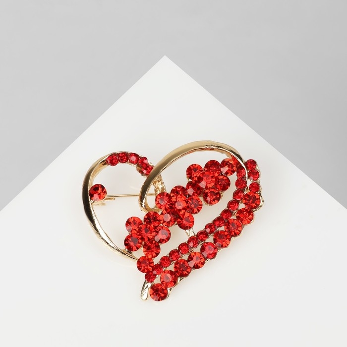 Брошь &laquo;Сердце&raquo; с цветами, цвет красный в золоте