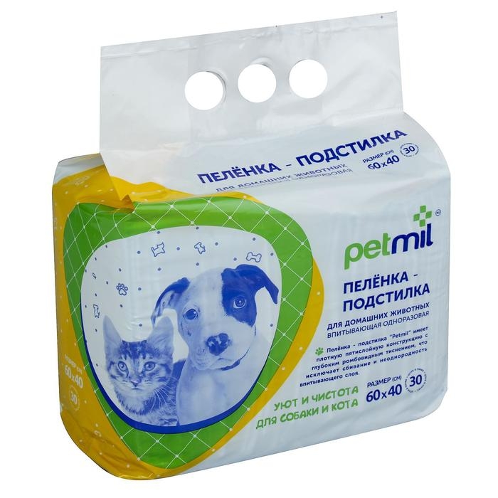 Пеленки Пеленки "PETMIL" впитывающие целлюлозные, 60 х 40 см (в наборе 30 шт)