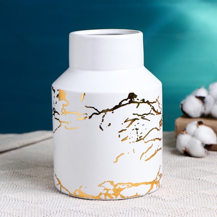 Керамическая ваза для цветов, сухоцветов &laquo;Мрамор&raquo;, настольная, 18&times;13 см, белый