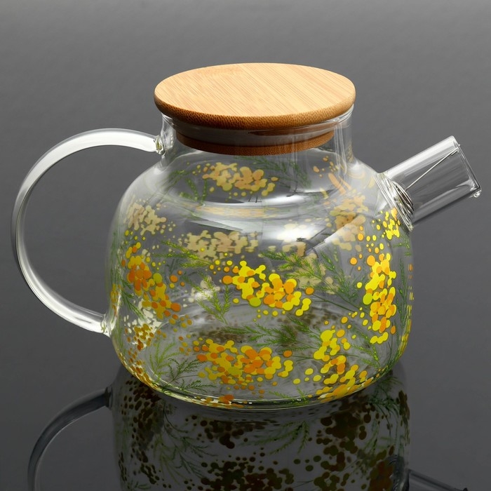 Чайник стеклянный заварочный с бамбуковой крышкой &laquo;Нежная мимоза&raquo;, 1000 мл