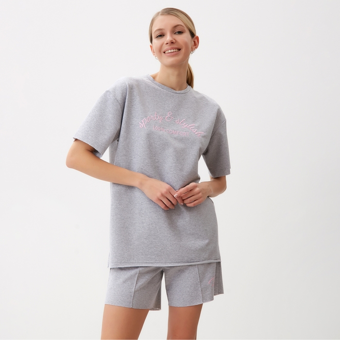 Комплект (футболка, шорты) женский MINAKU: SPORTY & STYLISH цвет светло-серый, р-р 48