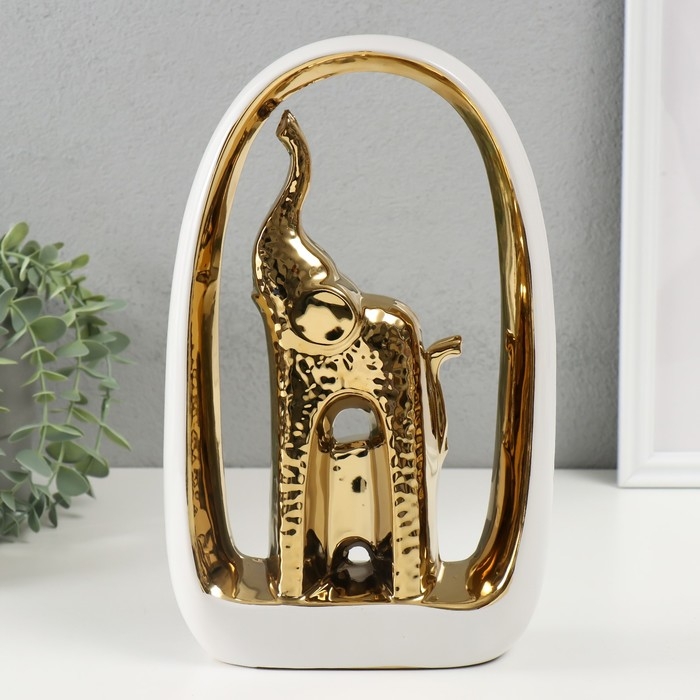 Сувенир керамика "Слон и слонёнок" белый с золотом 6х17х29 см