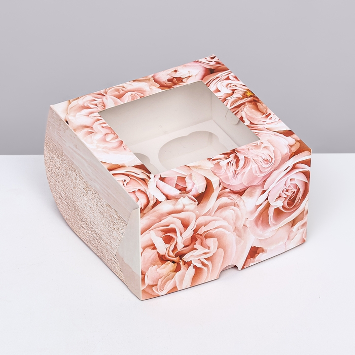 Коробка для 4 капкейков с окном , "Пионы", 16 х 16 х 10 см