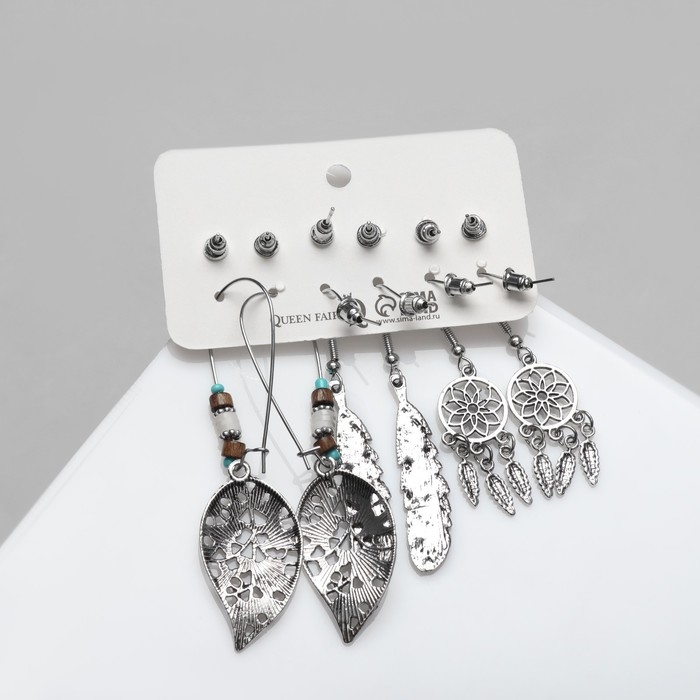 Серьги набор 6 пар &laquo;Хиппи&raquo; ловец снов, цветные в чернёном серебре