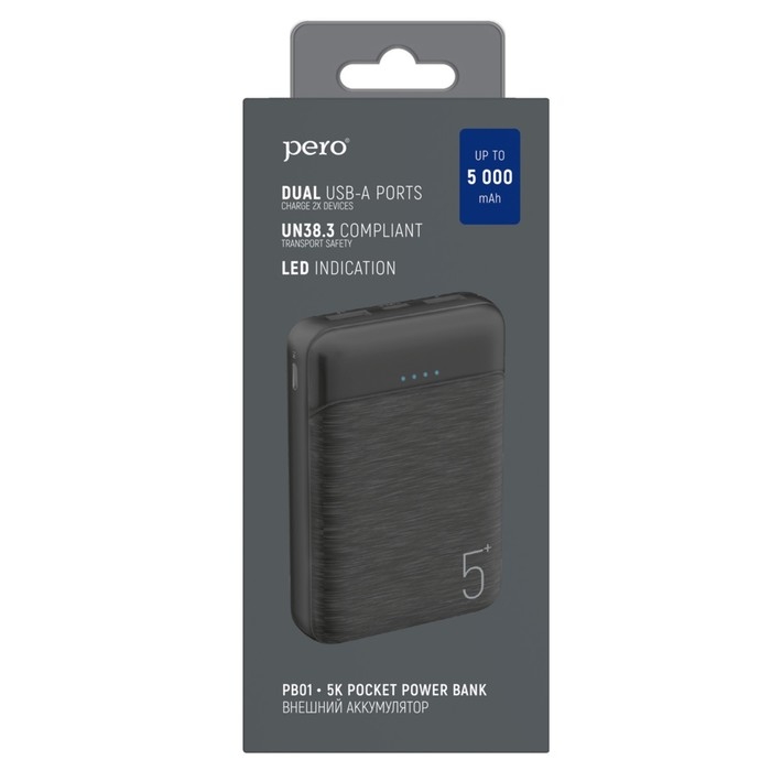 Внешний аккумулятор PERO PB01, 5000 мАч, 2 USB, 2.1 А, индикатор, черный Внешний аккумулятор PERO PB01, 5000 мАч, 2 USB, 2.1 А, индикатор, черный