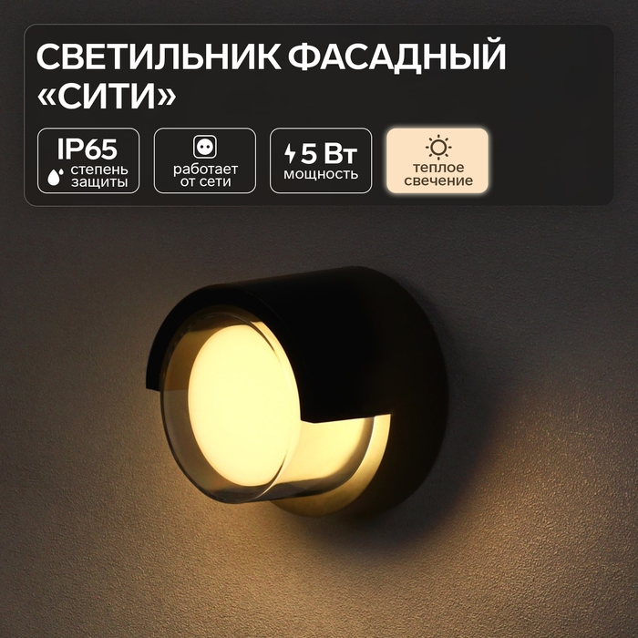Светильник фасадный &laquo;Сити&raquo;, FSD-050, 5 Вт, 3000К, круг IP65, 220 В, пластик, черный