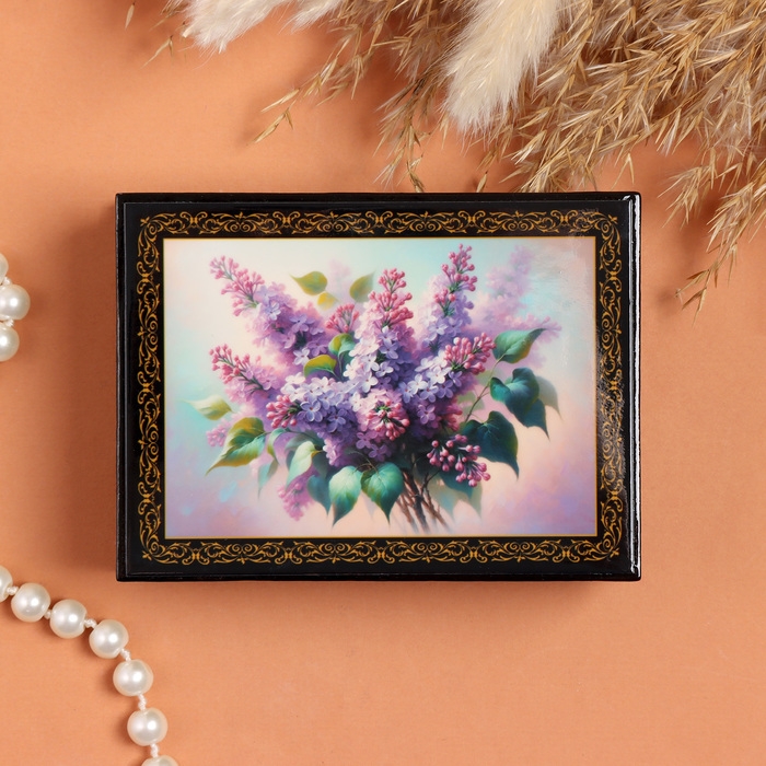 Шкатулка &laquo;Сирень&raquo;, черная, 8&times;10,5 см, лаковая миниатюра