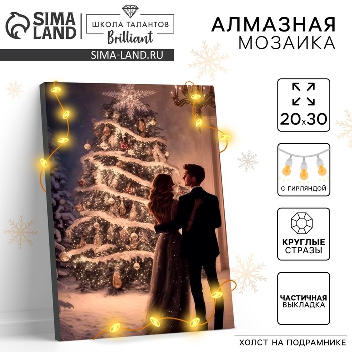 Алмазная мозаика на новый год с частичным заполнением с подрамником &laquo;Новогодняя ночь&raquo;, 20 х 30 см, с гирляндой, новогодний набор для творчества