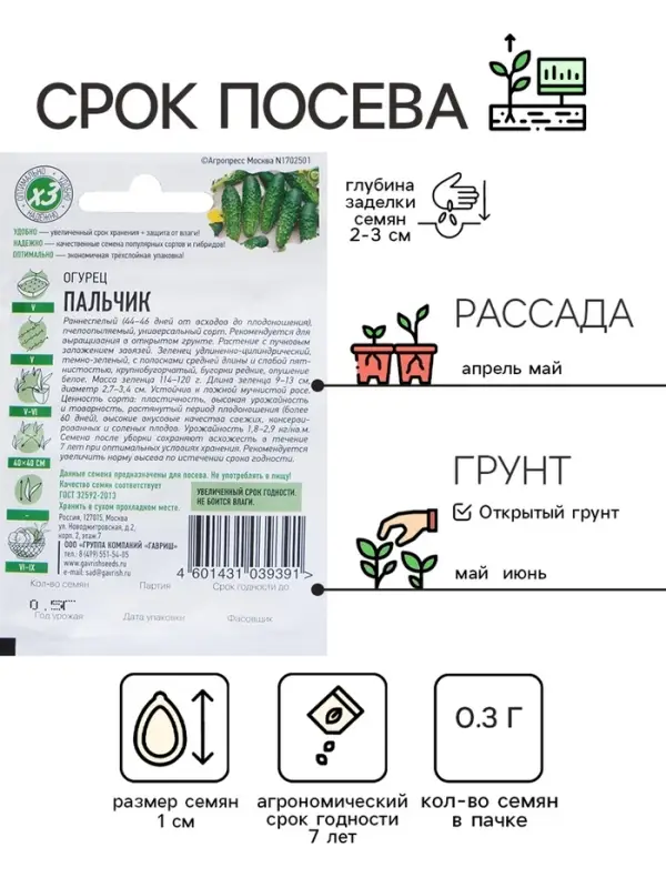 Семена Огурец "Пальчик", раннеспелый, пчелоопыляемый, 0,3 г  серия ХИТ х3