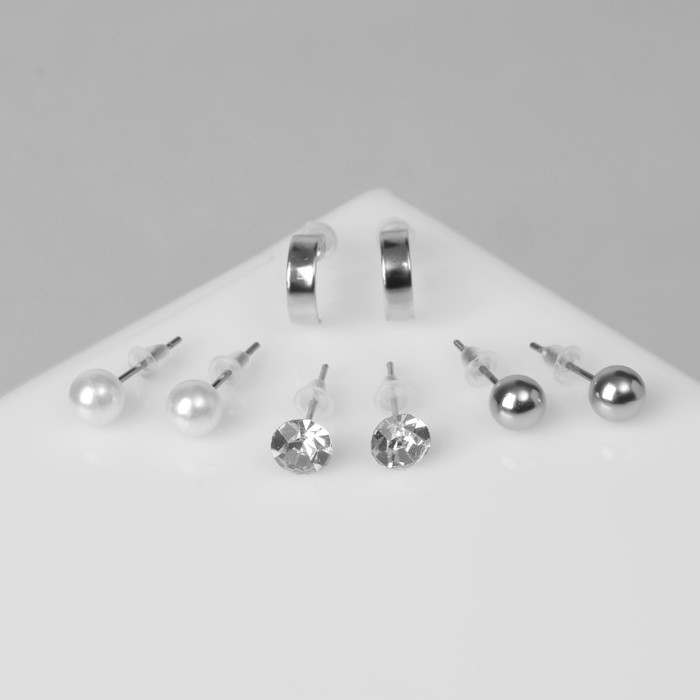 Пусеты 4 пары &laquo;Романтика&raquo; кольца, цвет белый в серебре