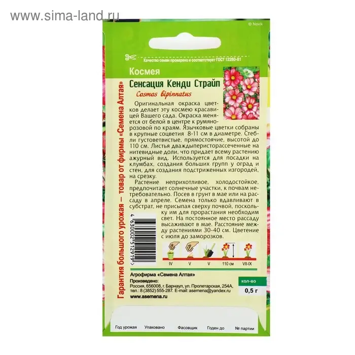 Семена цветов Космея "Сенсация" Кенди Страйп, О, ц/п, 0,5 г