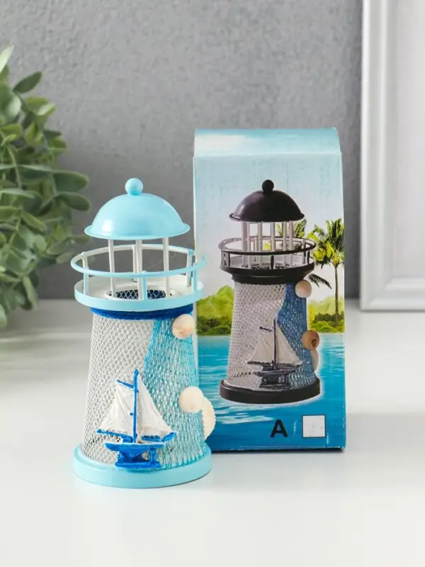 Сувенир настольный "Маяк с корабликом" сетка, голубой, 3хLR1130, RGB, LED 7,5х7,5х18 см