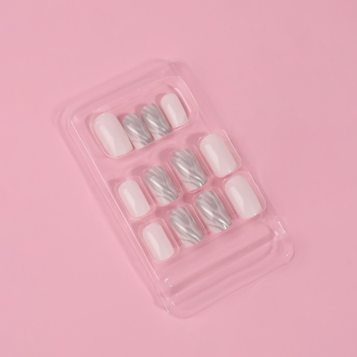 Накладные ногти &laquo;Zebra&raquo;, 24 шт, с клеевыми пластинами, форма мягкий квадрат, цвет белый/серебристый