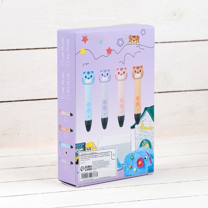 3D ручка Тигрёнок, работа с пластиком PLA, USB кабель питания, голубая