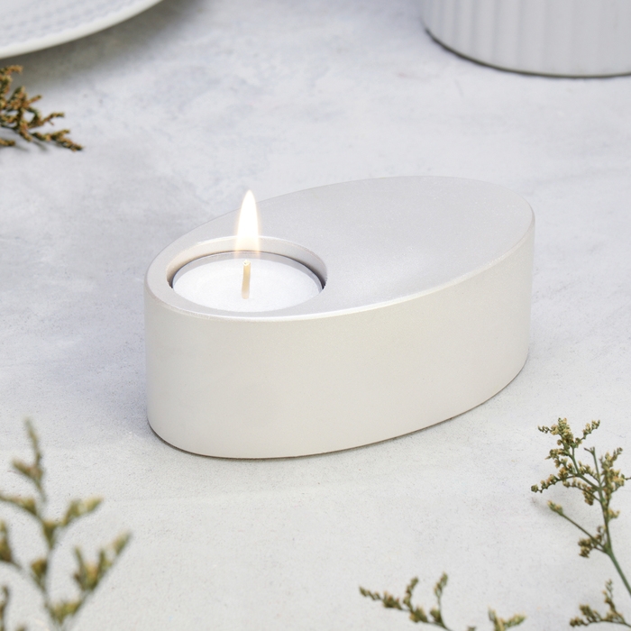 Подсвечник "Узкий овал. Мрамор" из гипса,11,5х7х4см,белый перламутр