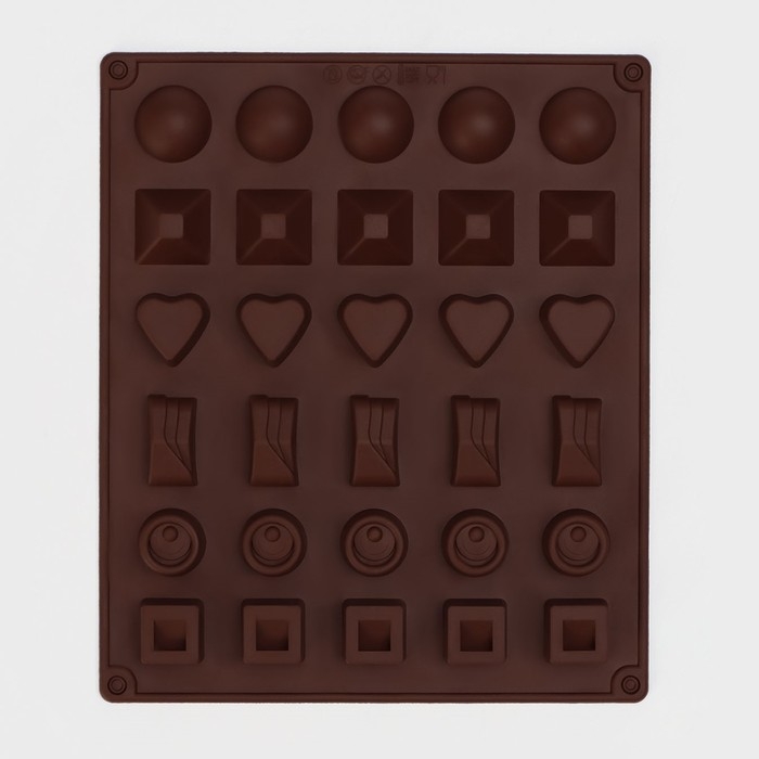 Форма для конфет и шоколада Доляна &laquo;Коробка конфет&raquo;, силикон, 27&times;23&times;1,5 см, 30 ячеек (3,2&times;3,2 см), цвет коричневый