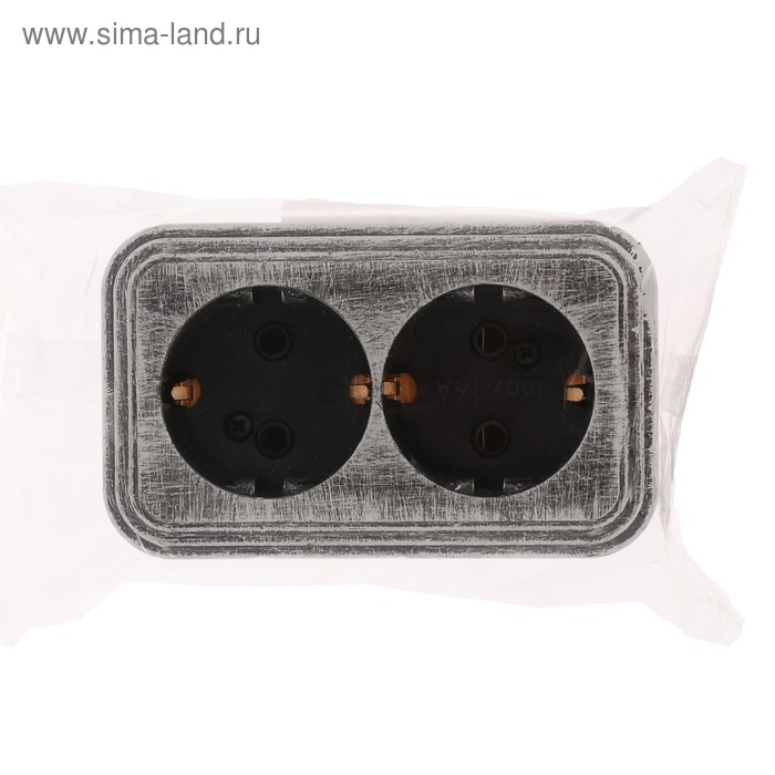 Розетка "Элект" RA 16-238-ЧС, 16 А, 250 В, двухместная, открытая, с з/к, черная под серебро