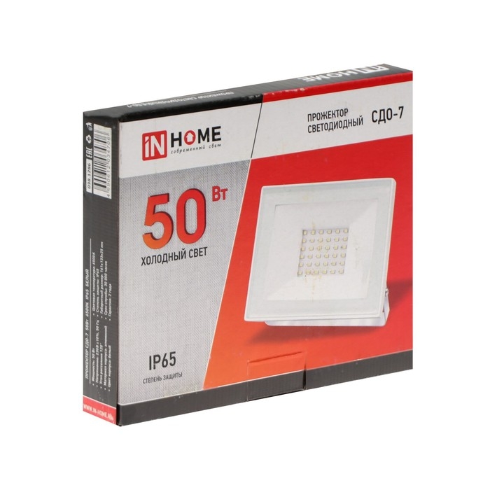 Прожектор светодиодный IN HOME СДО-7, 50 Вт, 230 В, 6500 К, IP65, белый Прожектор светодиодный IN HOME СДО-7, 50 Вт, 230 В, 6500 К, IP65, белый