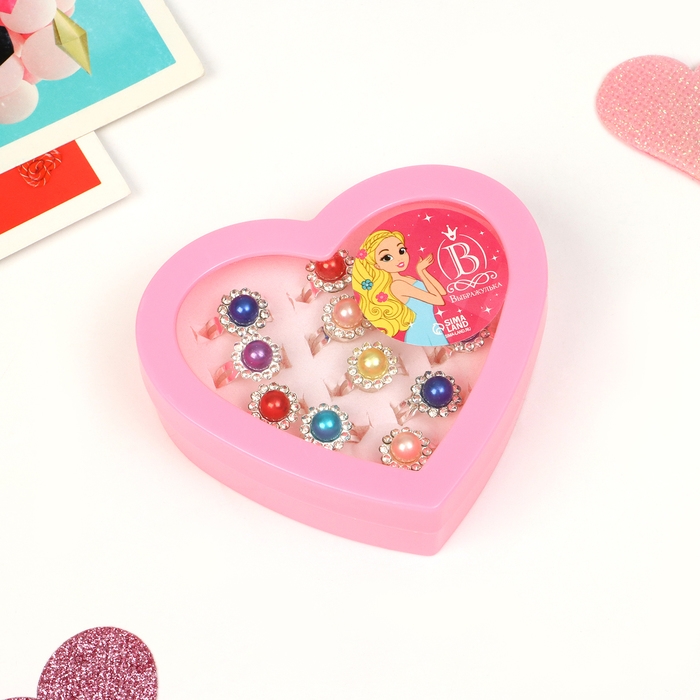 Кольца детские набор 12шт &laquo;Выбражулька&raquo; цветочки, цвет МИКС в серебре, б-р