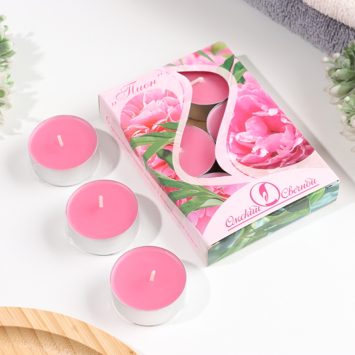 Набор чайных свечей ароматических "Пион", 3,8х1,6 см, 3,5 ч, 12 г, 6 штук