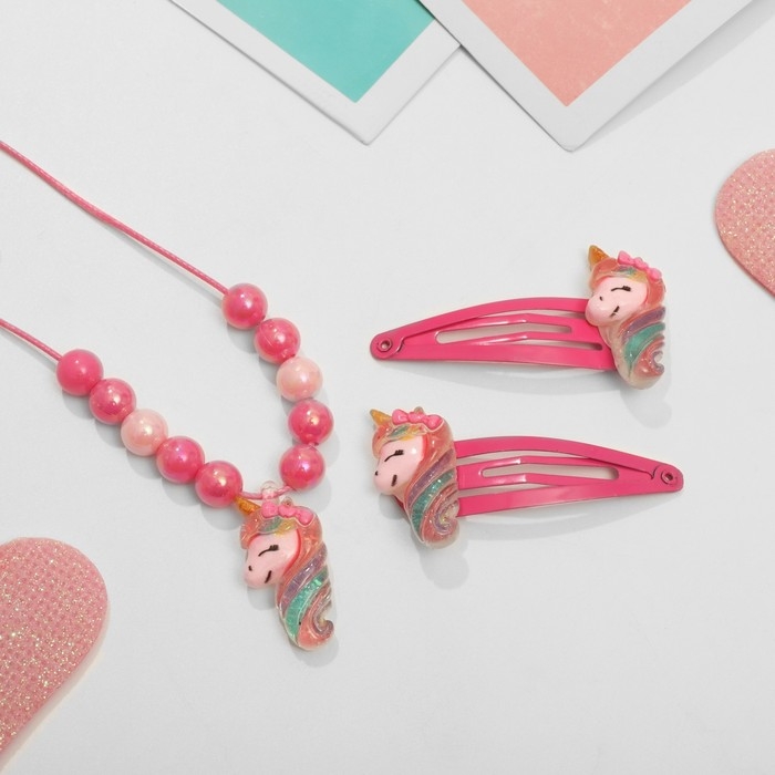 Комплект детский «Выбражулька» 3 предмета: 2 заколки, кулон, единорог, цвет ярко-розовый Комплект детский «Выбражулька» 3 предмета: 2 заколки, кулон, единорог, цвет ярко-розовый