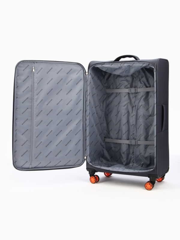 Чемодан 28", Текст, 47*31*78, отд на молнии, код замок, 4 колеса, т.серый