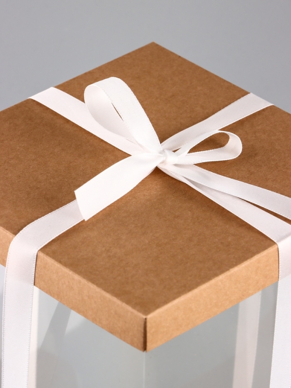 Коробка PVC, для цветов с лентой, 28 х 18 х 18 см, крафт