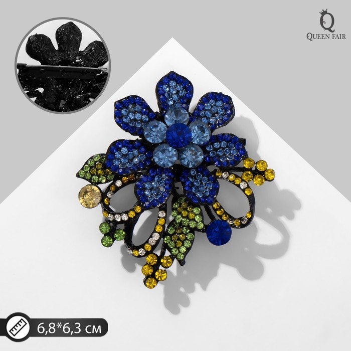 Брошь &laquo;Цветок&raquo; с завитками, цвет синий в чёрном металле