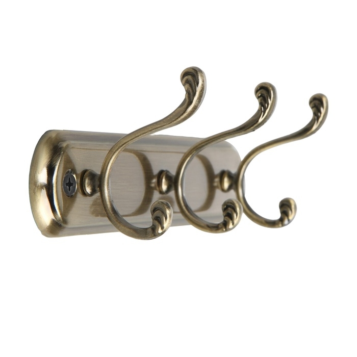 Вешалка ТУНДРА TVT003, металлическая, трёхрожковая, цвет бронза