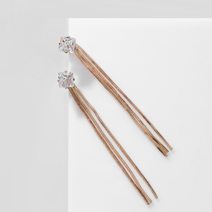 Серьги висячие со стразами &laquo;Цепочки&raquo; квадрат, цвет белый в золоте