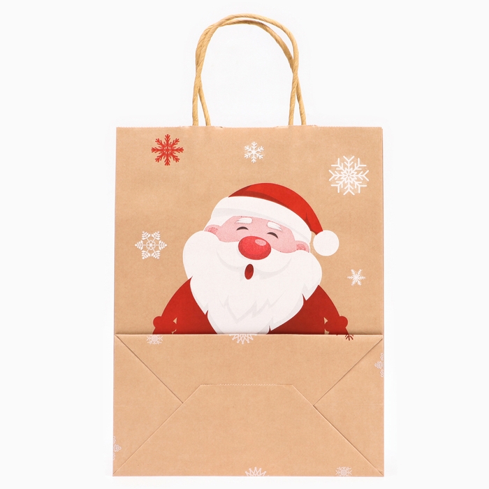 Новый год. Пакет бумажный подарочный новогодний крафт с тиснением "Дед Мороз", 27 х 21 х 11 см.