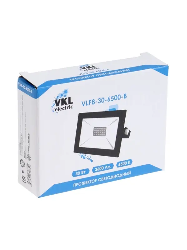 Прожектор  светодиодный VKL electric, 30 Вт, 3600 Лм, 6500К, IP65, 220V черный, свеч.хол.бел. 109814