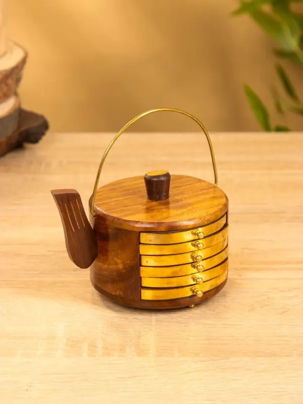 Подставка под горячее "Чайник" с золотыми вставками (набор 6 шт), 10х12х8 см,  дерево шишам