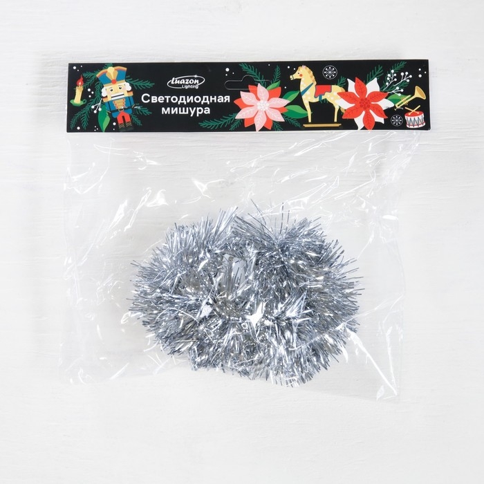 Гирлянда &laquo;Мишура&raquo; 1 м роса, IP20, серебристая нить, 22 LED, 6 слоёв, d=7 см, батарейки CR2032х2 (в комплекте), свечение белое