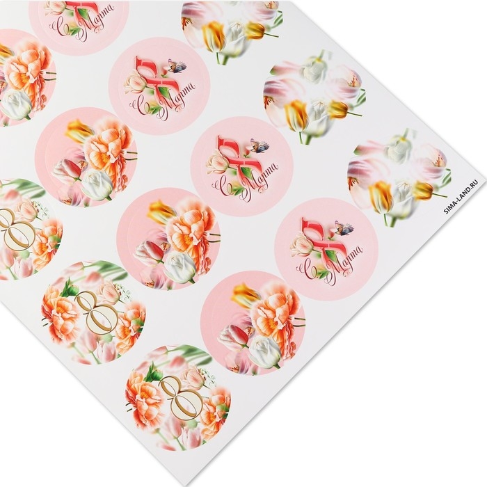 Наклейки для бизнеса и подарков и цветов, &laquo;С 8 марта&raquo;, цветы, 40 шт, 4 х 4 см