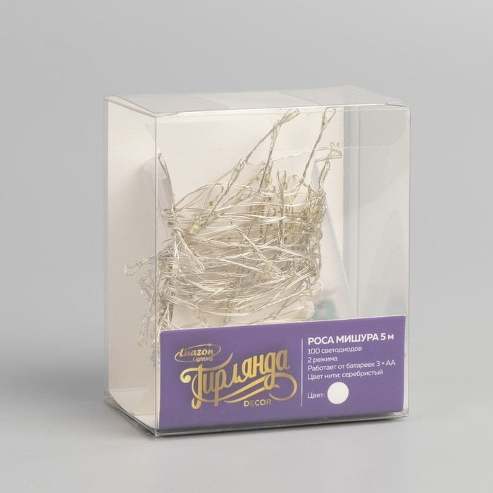 Гирлянда «Мишура» 5 м роса, IP20, серебристая нить, 100 LED, 2 режима, батарейки AAх3 (нет в комплекте), свечение белое Гирлянда «Мишура» 5 м роса, IP20, серебристая нить, 100 LED, 2 режима, батарейки AAх3 (нет в комплекте), свечение белое