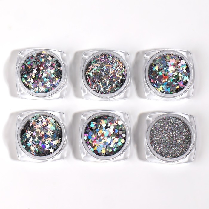 Набор для декора ногтей, в пластиковом органайзере, 6 баночек, цвет серебристый Набор для декора ногтей, в пластиковом органайзере, 6 баночек, цвет серебристый