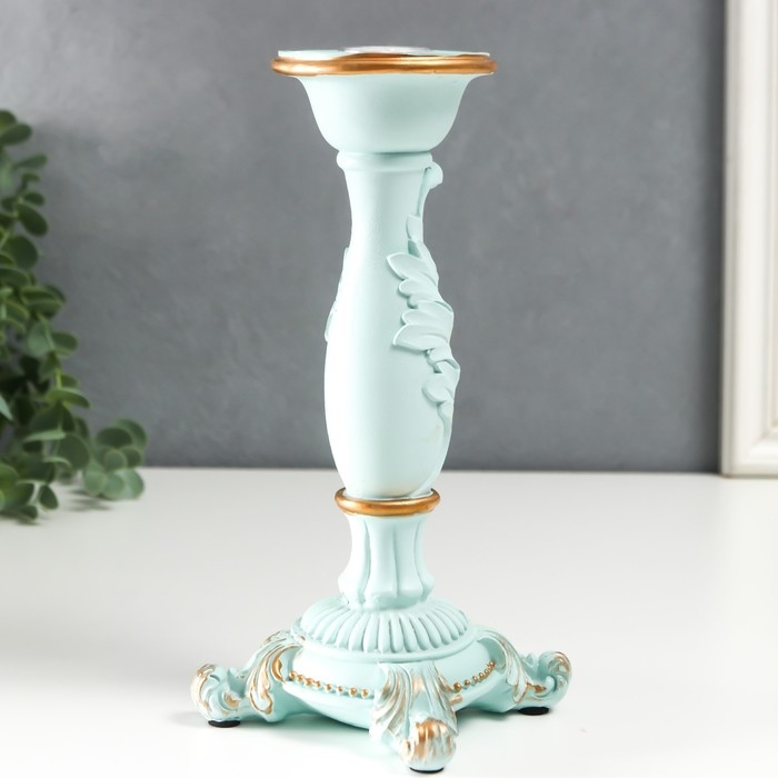 Подсвечник полистоун на 1 свечу "Пышный лист" нежно-голубой 21,5х9х9 см