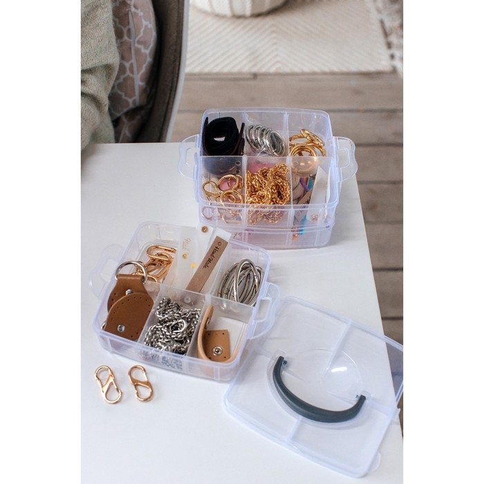 Органайзер для рукоделия, со съёмными ячейками, 3 яруса по 6 отделений, 15 &times; 16 &times; 12,5 см, с ручкой, цвет прозрачный