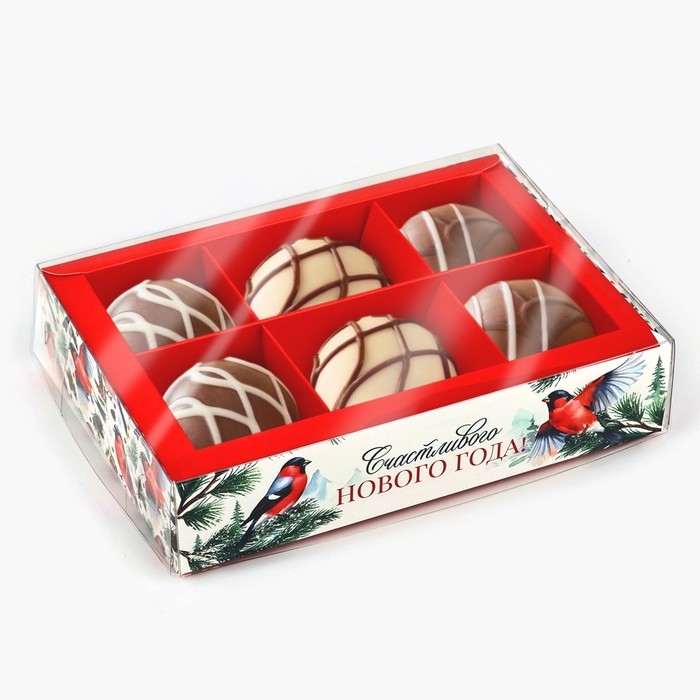 Коробка под 6 конфет с ячейками &laquo;Снегири&raquo;, 10 х 14.5 х 3 см, Новый год
