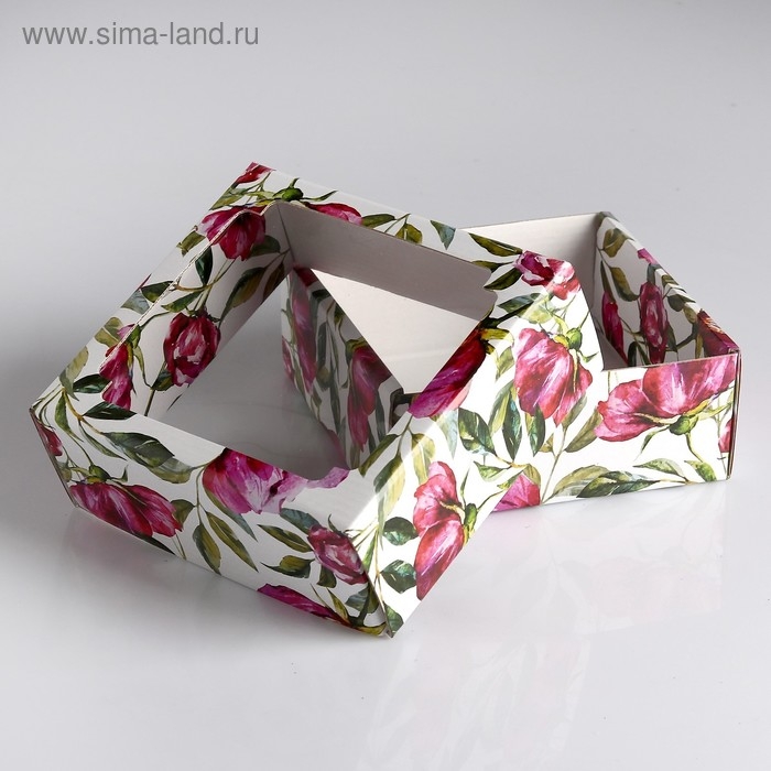 Коробка сборная крышка-дно с окном, Коробка сборная крышка-дно с окном, "Акварельные цветы", 14,5 х 14,5 х 6 см