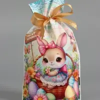 Пакет  полиэтиленовый подарочный "Заяц с цветами", с завязками, 15х23&plusmn;1 см