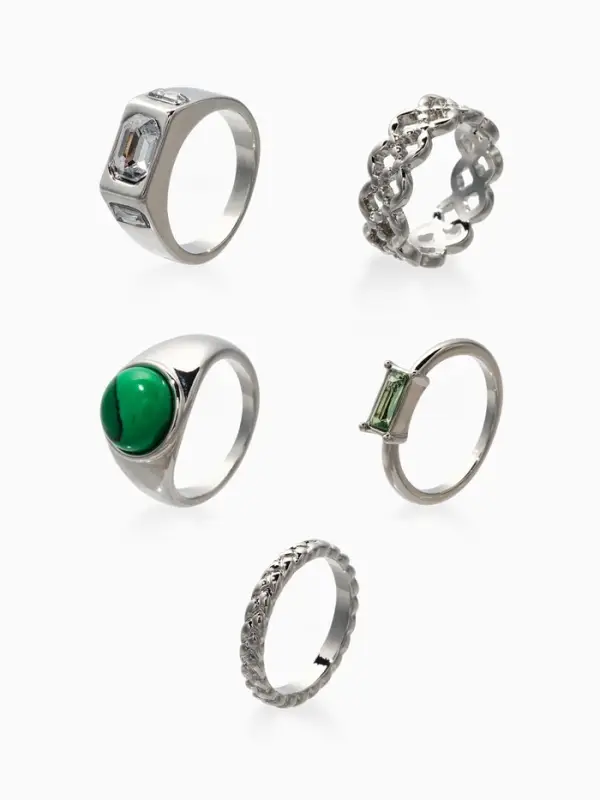 Набор колец 5 шт "Новый стиль" малахит, размер МИКС, цвет изумрудный в серебре