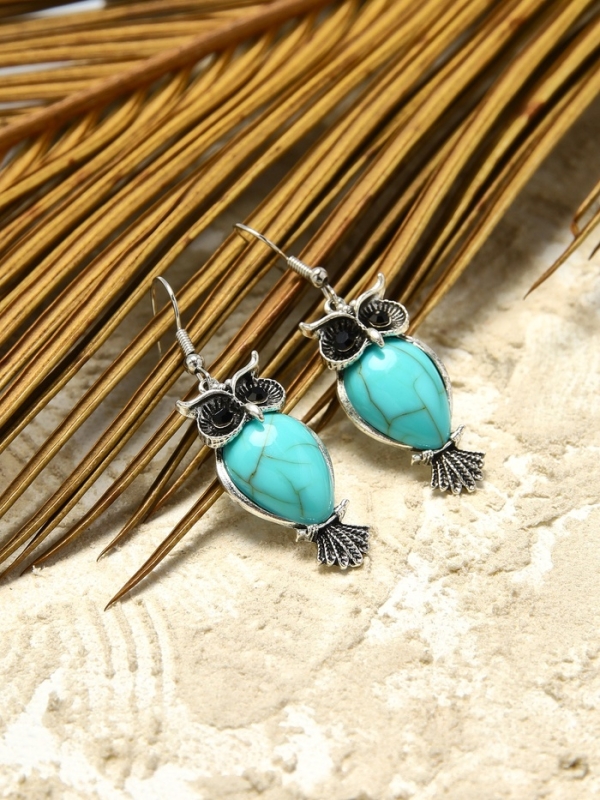 Серьги &laquo;Бирюзовый мир&raquo; сова, цвет голубой в чернённом серебре