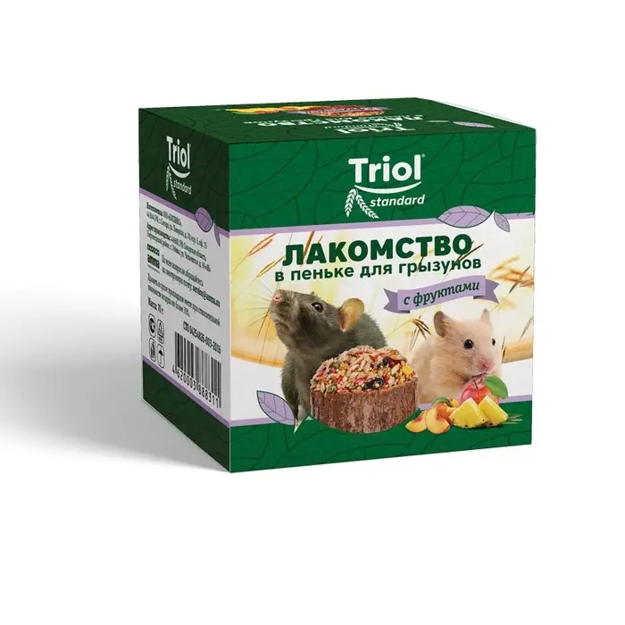 Лакомство "Triol" в пеньке для грызунов с фруктами, 70г